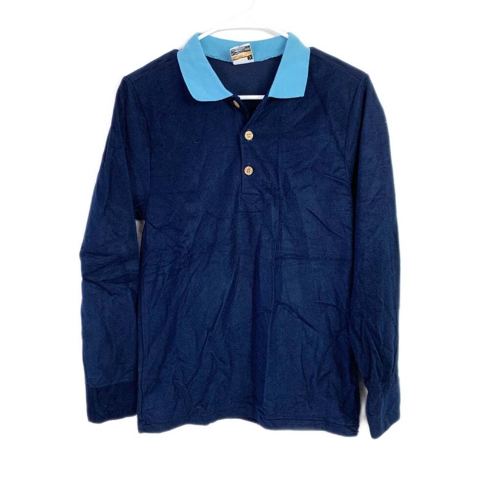 Vtg ORO Golden Threads Men's Small Navy Blue Long Sleeve Polo Shirt 70s USA Made